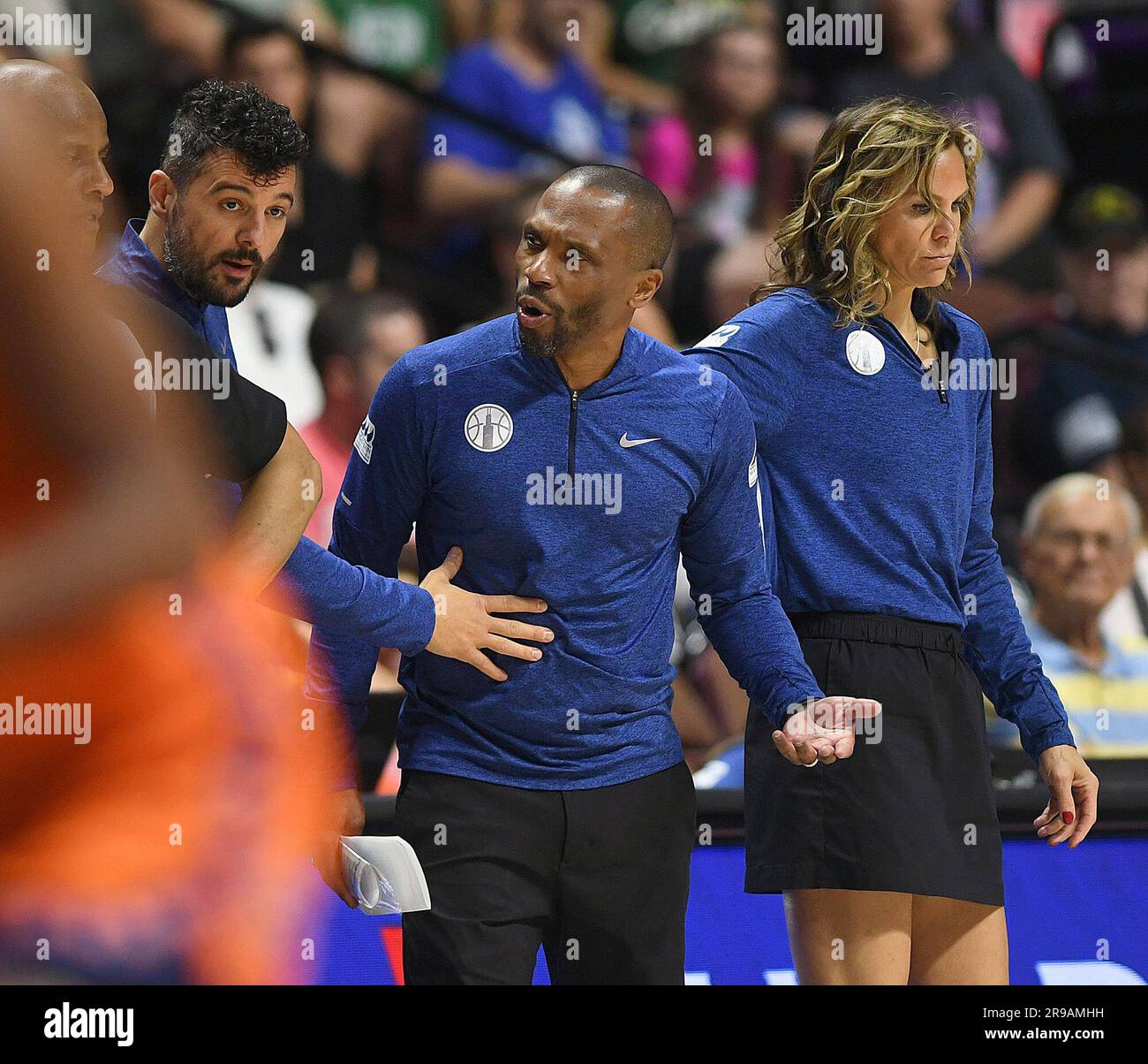 Chicago Sky head coach James Wade is held back by assistants as he