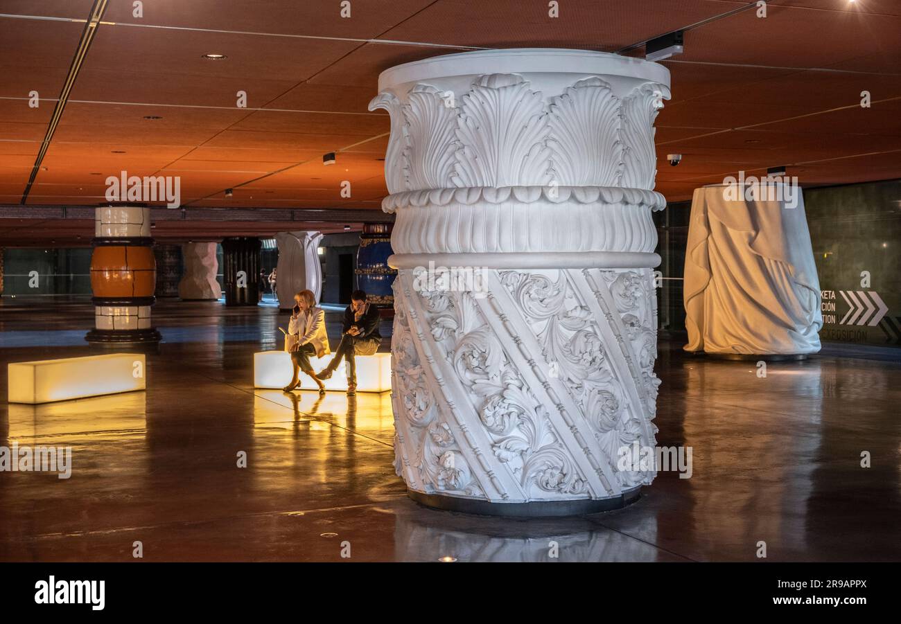 Pillars Designed by Philippe Starck, Lobby of cultures, Azkuna Zentroa, Alhondiga Building, Bilbao, Spain Stock Photo