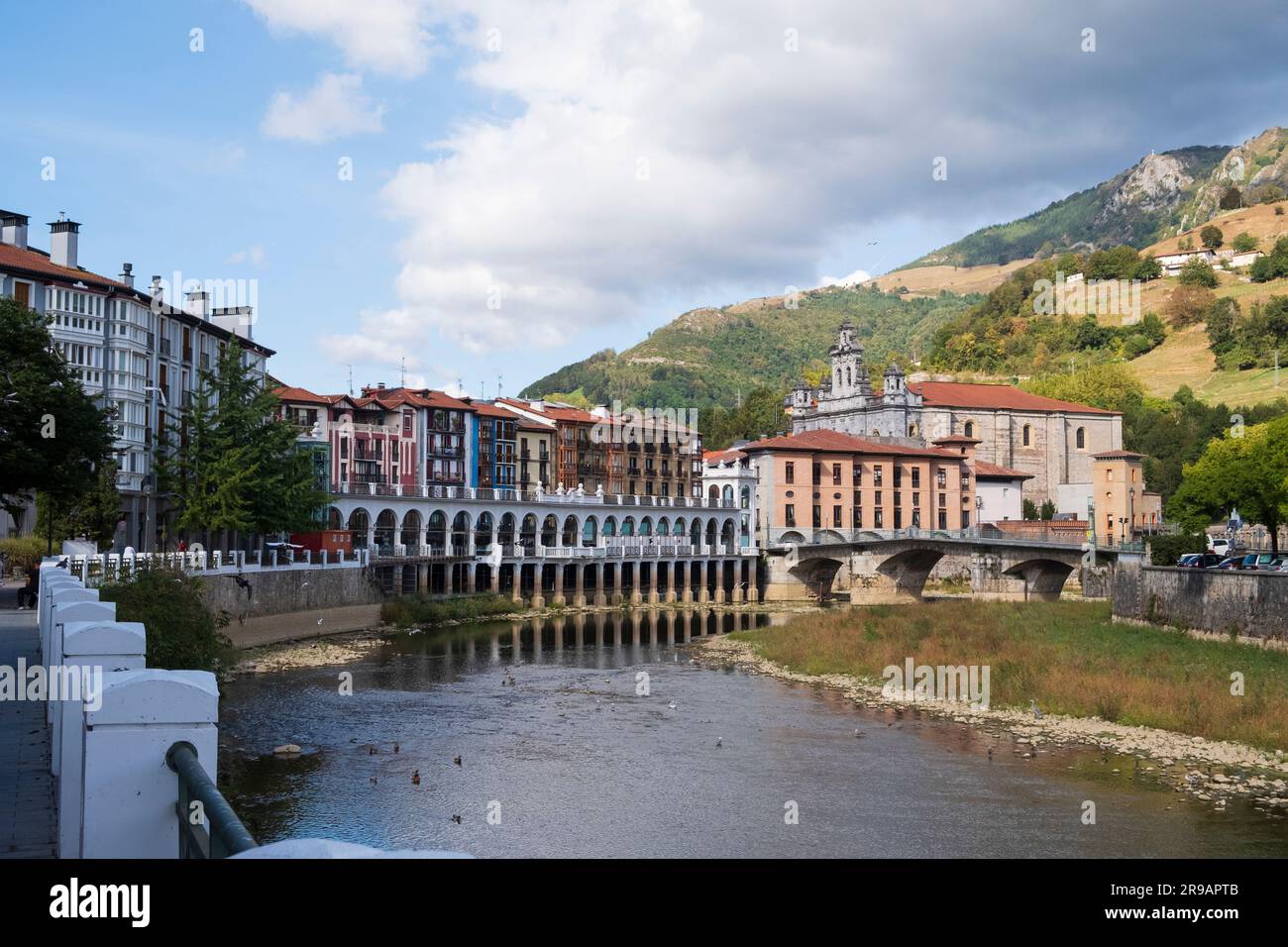 Oria River and Riverwalk in town sear San Sebastian, Tolosa, Gipuzkoa, Basque, Spain Stock Photo