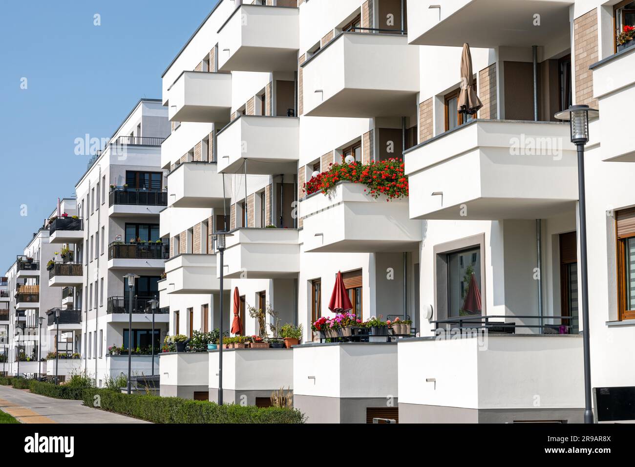 Modern apartment buildings with many balconies seen in Berlin Stock ...