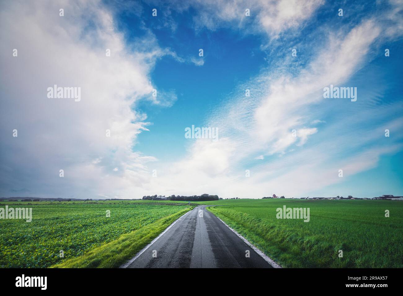 Asphalt road going through a rural landscape with green fields and a ...