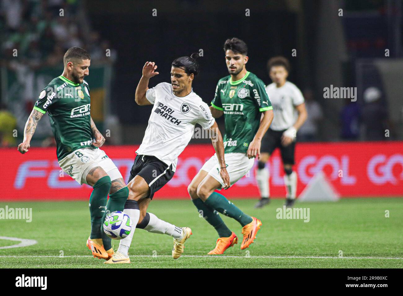 Sao Paulo, Brazil. 25th June, 2023. Ze Rafael of Palmeiras battles for possession with Victor Cuesta of Botafogo, during the match between Palmeiras and Botafogo, for the Brazilian Serie A 2023, at Allianz Parque Stadium, in Sao Paulo on June 25. Photo: Wanderson Oliveira/DiaEsportivo/Alamy Live News Credit: DiaEsportivo/Alamy Live News Stock Photo