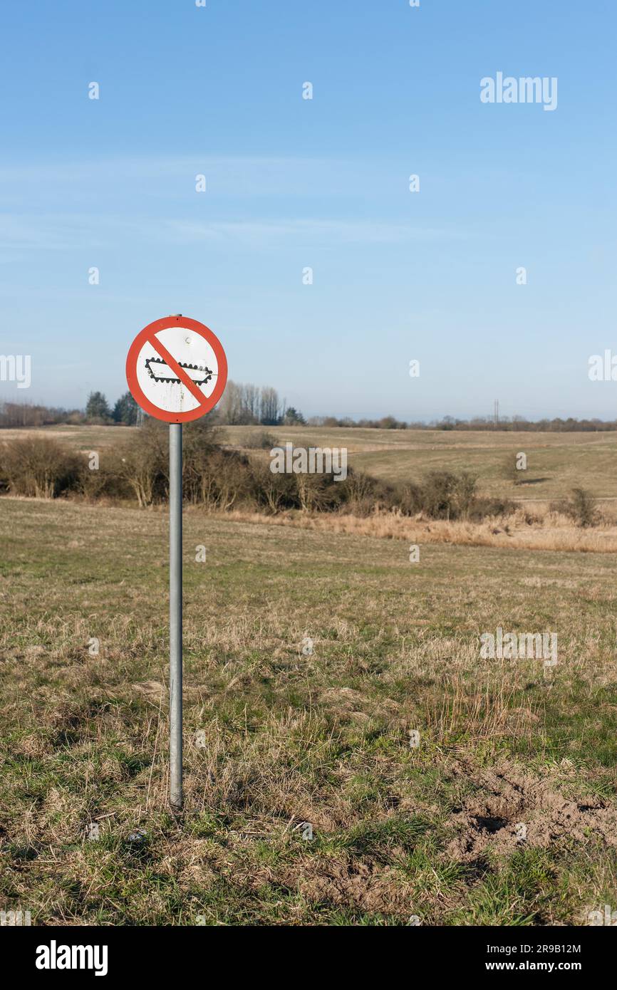 Forbidden tank sign on a restricted area in nature Stock Photo
