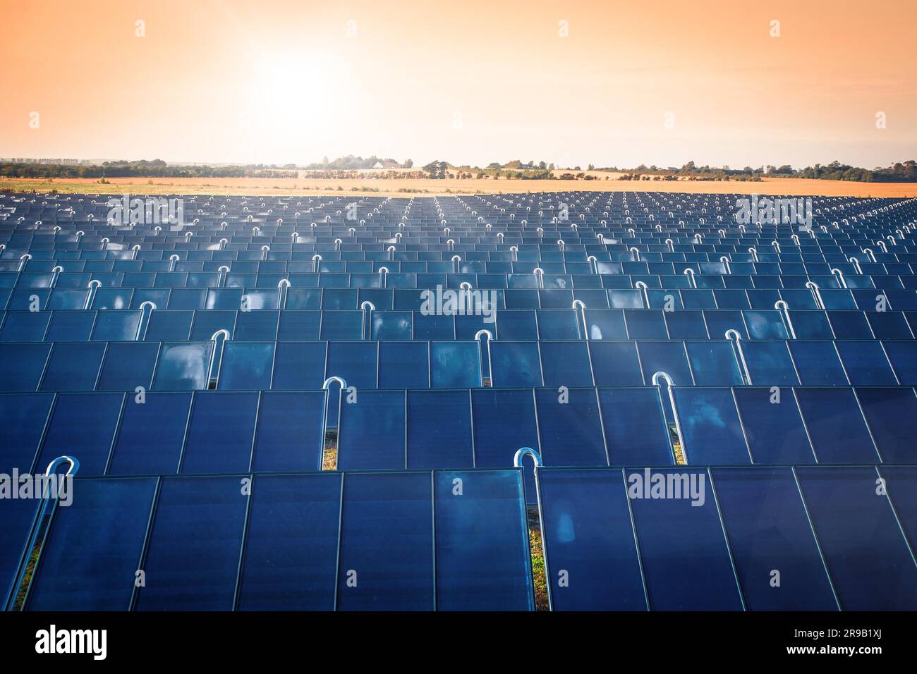 Solar park producing green energy in the sunrise Stock Photo - Alamy