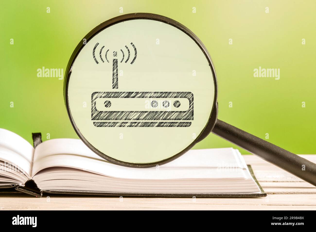 Router setup with a pencil drawing of a router icon in a magnifying ...