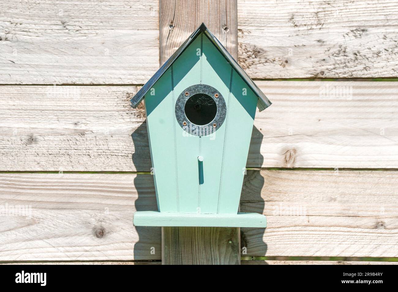 Blue birdhouse on a wooden fence in a garden Stock Photo