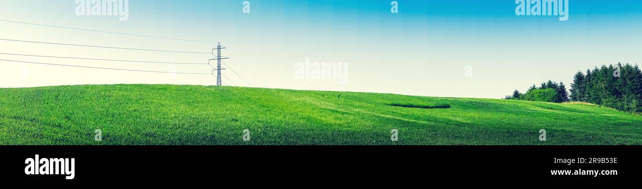 Panorama landscape with pylons and green trees in the spring Stock Photo