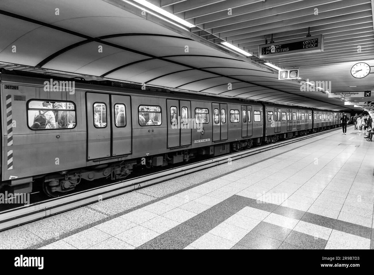 Athens, GR - 27 Nov 2021: Inside of the Athens metro. The Athens Metro is a rapid-transit system in Greece which serves the Athens urban area and part Stock Photo