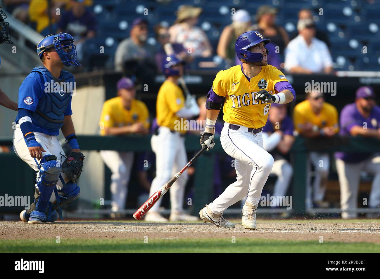 LSU's Brayden Jobert (6) watched his solo home run during the 9th