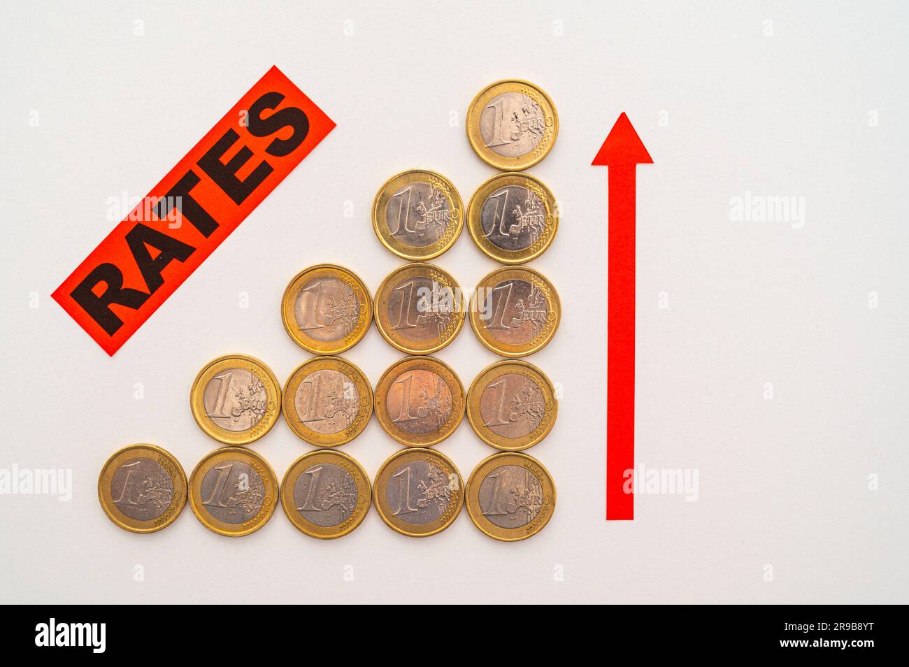 Rows of coins of increasing height, word rates, and red arrow pointing ...