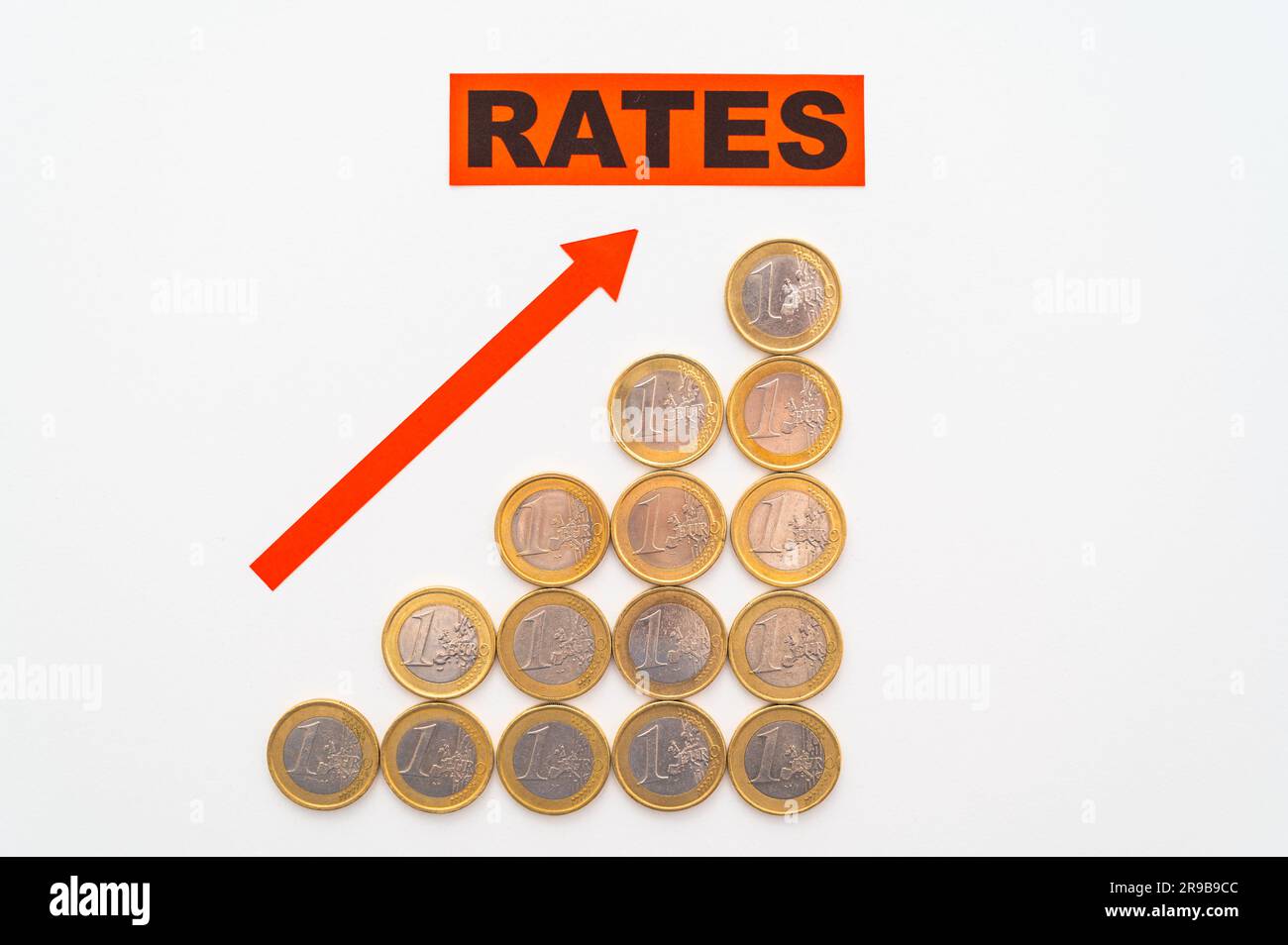 Rows of coins of increasing height, word rates, and red arrow pointing