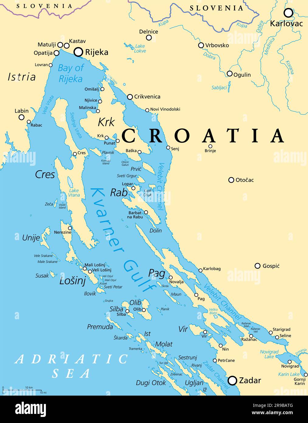 Kvarner Gulf, part of internal waters of Croatia, political map. Also known as Kvarner Bay, in the northern Adriatic Sea. Stock Photo