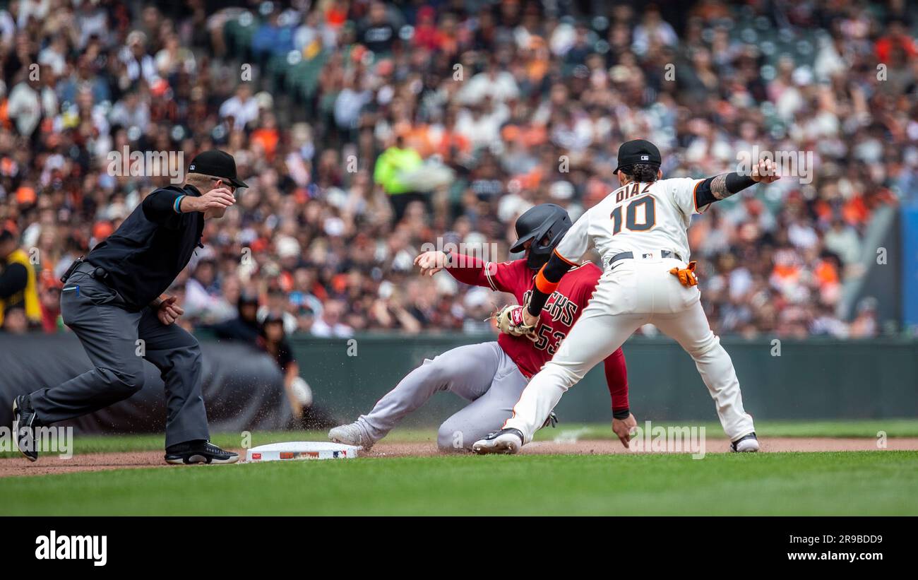 Isan Diaz of the San Francisco Giants looks on from the dugout