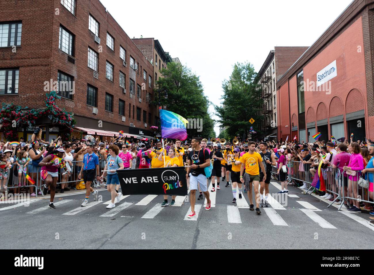 New York, NY, USA. 25th June, 2023. New York's Pride March filled Fifth Avenue with marchers and spectators, many in costume. SUNY Pride comes up West 8th Street with crowds lining both sides of the street, Credit: Ed Lefkowicz/Alamy Live News Stock Photo