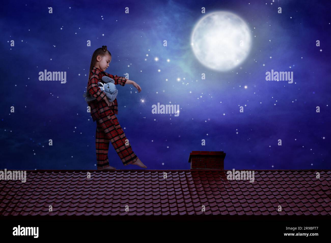 Girl holding toy and sleepwalking on roof under starry sky with full