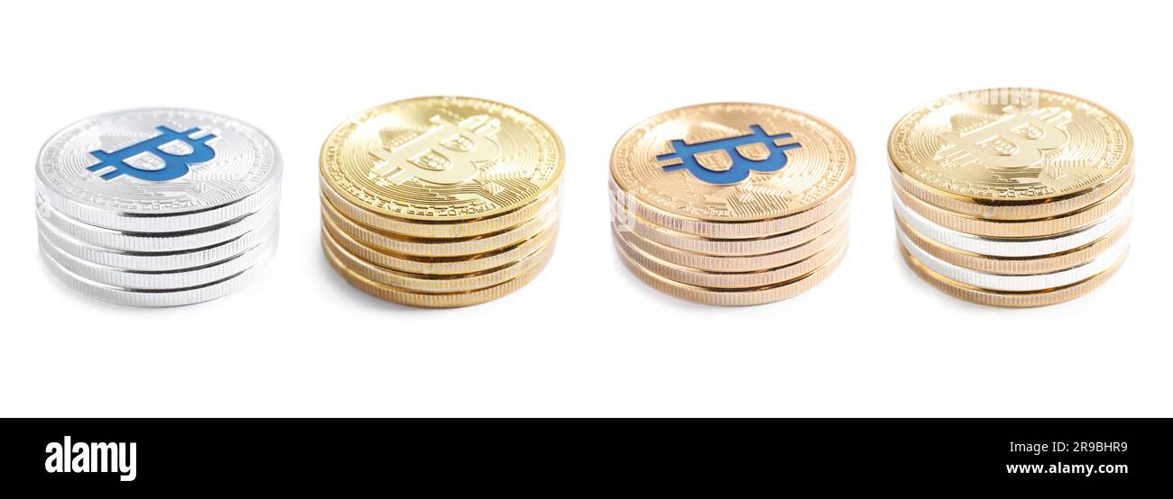 Collage with stacked bitcoins on white background Stock Photo
