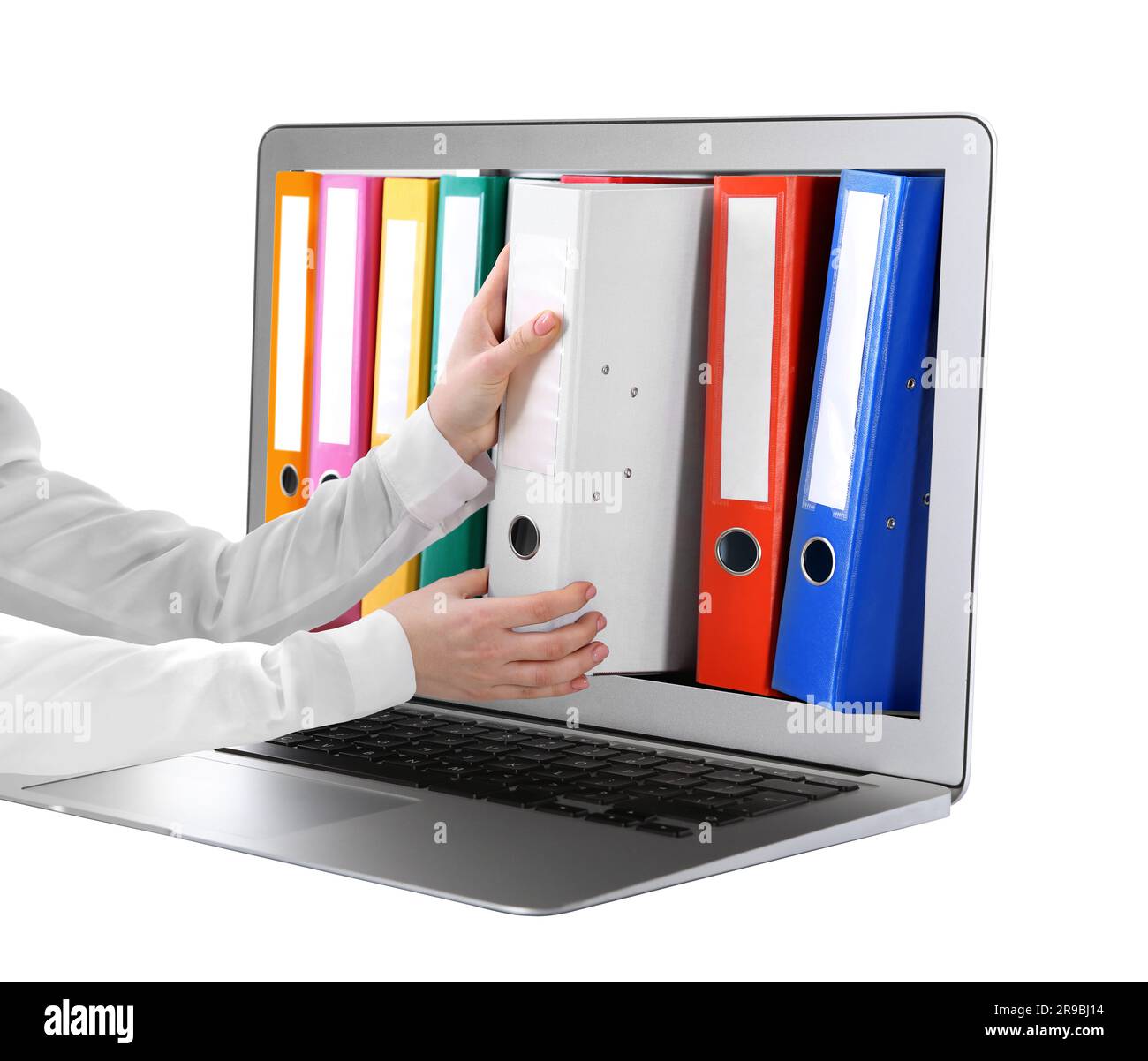 Digital archive. Woman taking folder right from laptop screen, closeup ...