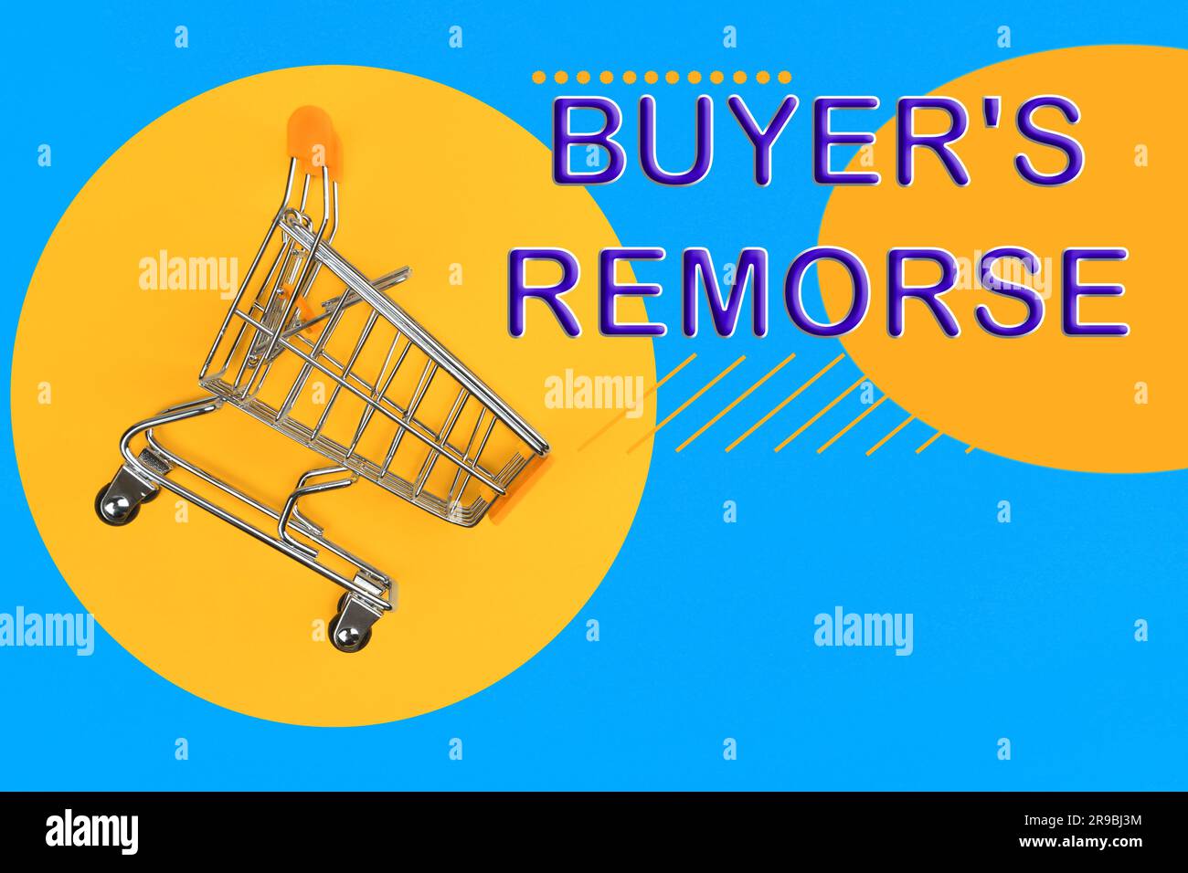 Text Buyer's Remorse and shopping cart on bright yellow and light blue background, top view Stock Photo