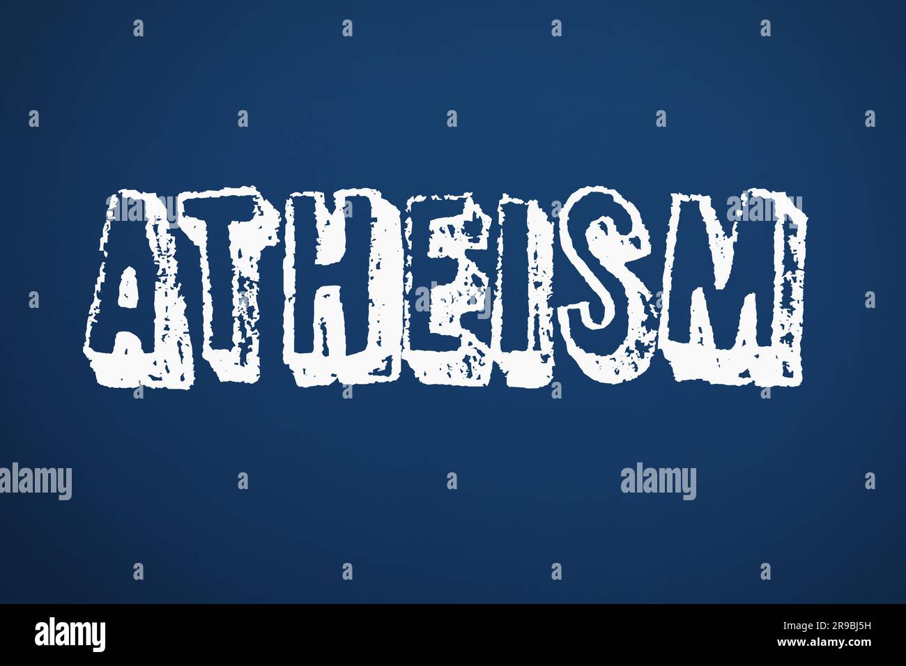 White word Atheism on blue background. Philosophical or religious position Stock Photo
