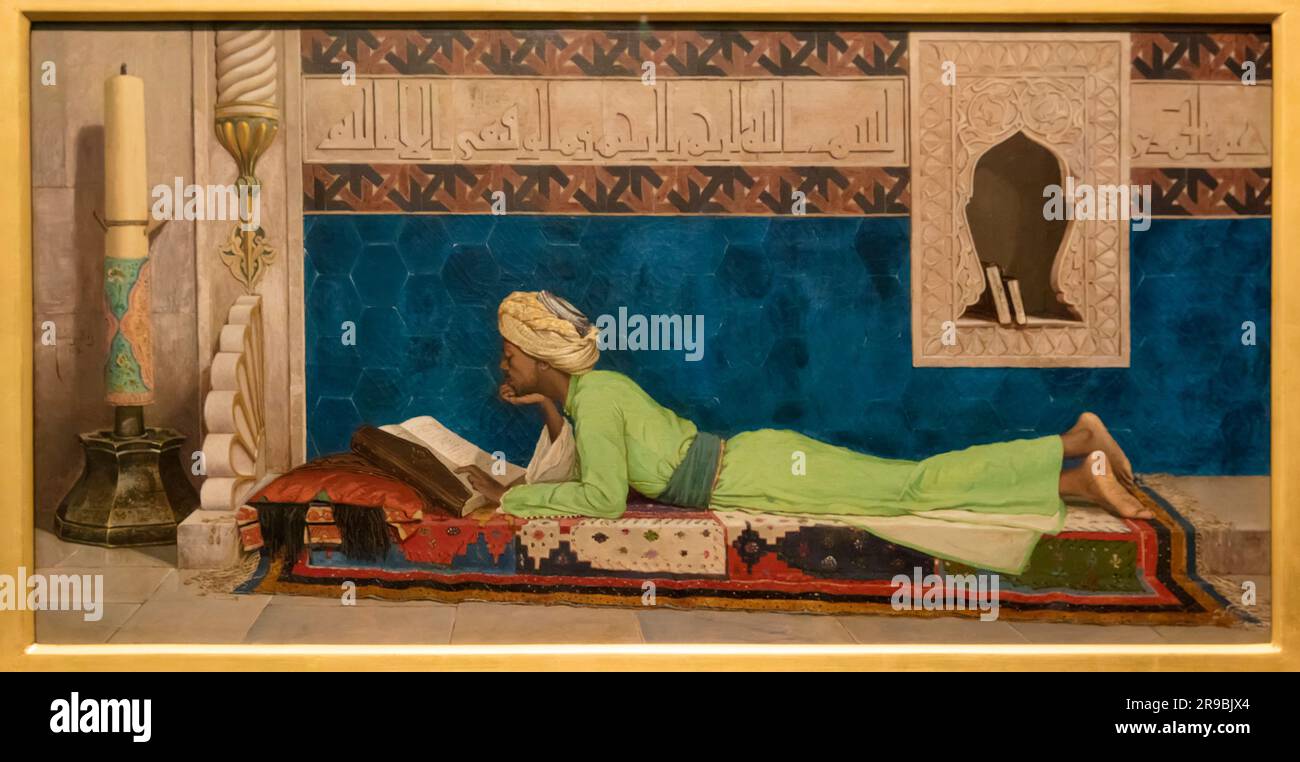 Young Emir Studying, oil on canvas painting Istanbul (?) Turkey 1878 by Osman Handy Bey in the Louvre Museum, Abu Dhabi, UAE Stock Photo