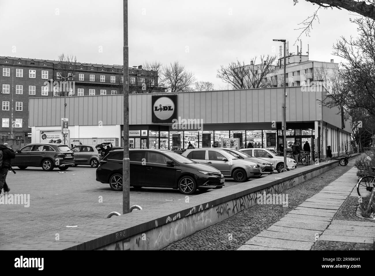 Berlin, Germany - 17 DEC 2021: Kreuzberg branch of Lidl store. Lidl Stiftung & Co. KG is a German international discount retailer chain that operates Stock Photo