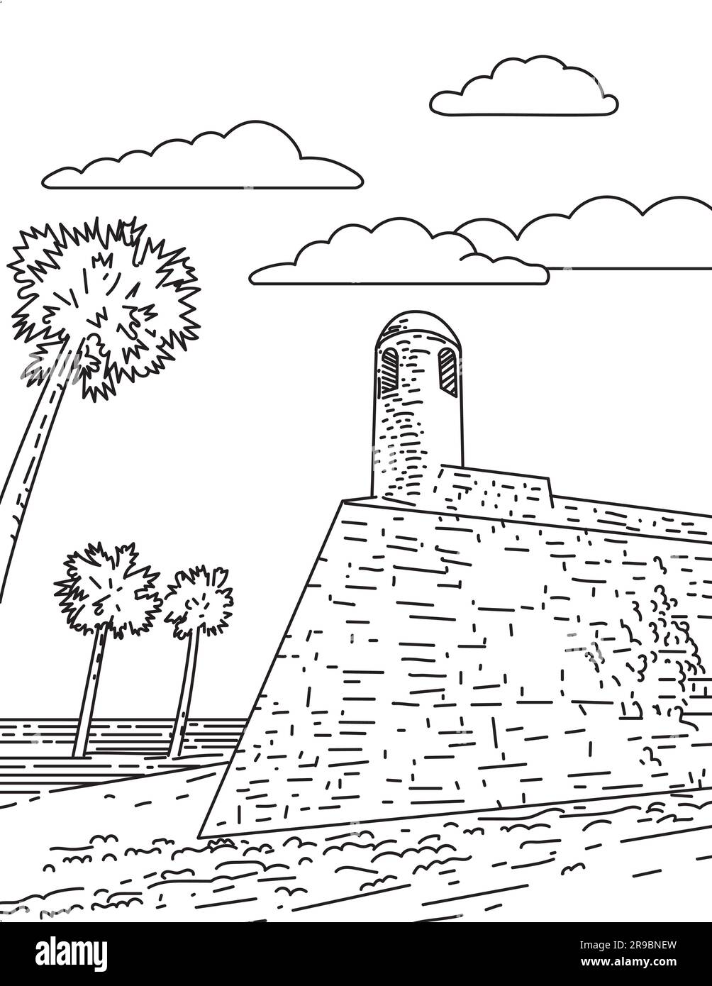 Mono line illustration of Fort Marion in St. Augustine, Florida, United
