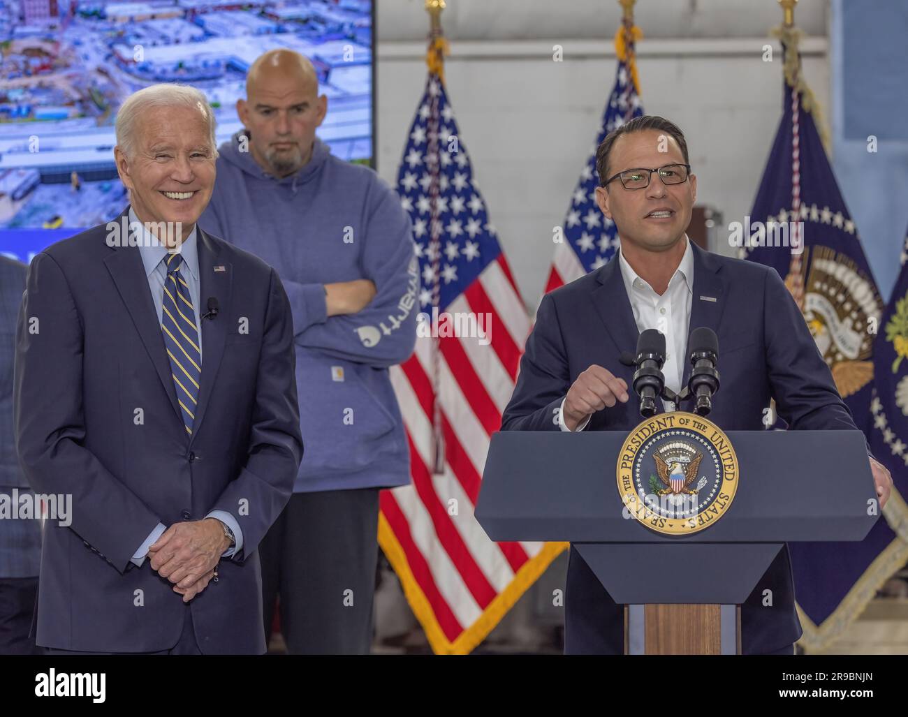 PHILADELPHIA, Pa. – June 17, 2023: Pennsylvania Governor Josh Shapiro delivers remarks at a briefing on I-95 repair efforts. Stock Photo
