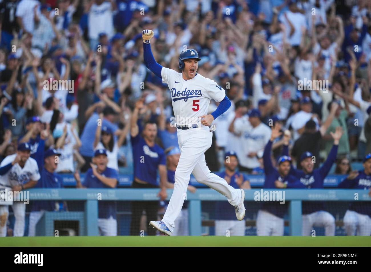 Los Angeles Dodgers' Freddie Freeman (5) celebrates after Will Smith