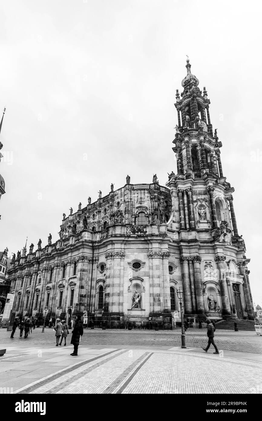 Dresden, Germany - December 19, 2021: Exterior view of the Cathedral of the Holy Trinity, Katolische Hofkirche in the old town of Dresden, Germany. Stock Photo