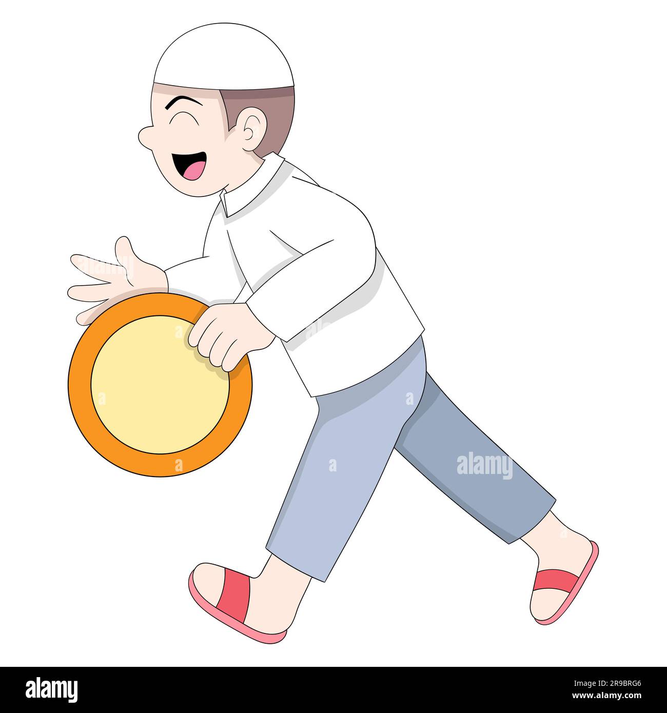 boy was walking happily carrying a tambourine percussion instrument. vector design illustration art Stock Vector