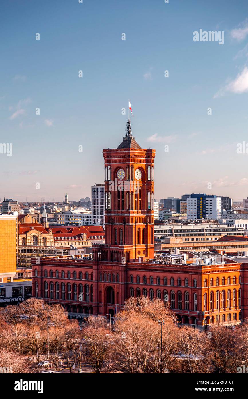 Berlin, Germany - December 17, 2021: Rotes Rathaus or The Red City Hall building at Alexanderplatz, Berlin, Germany. the building hosts Berlin municip Stock Photo