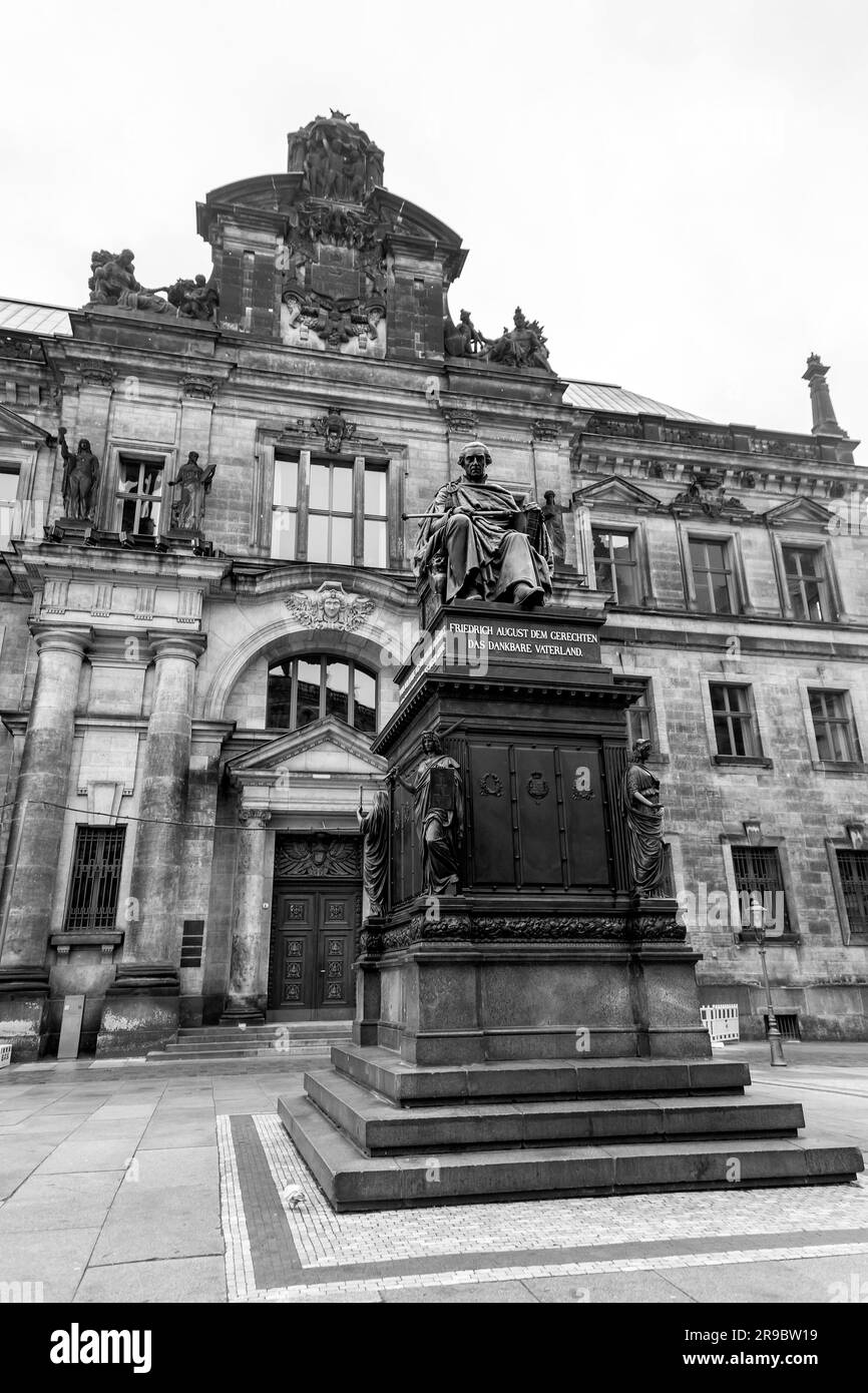 Dresden, Germany - December 19, 2021: Statue of Friedrich August at Schloplatz, old town of Dresden, Saxony, Germany. Stock Photo