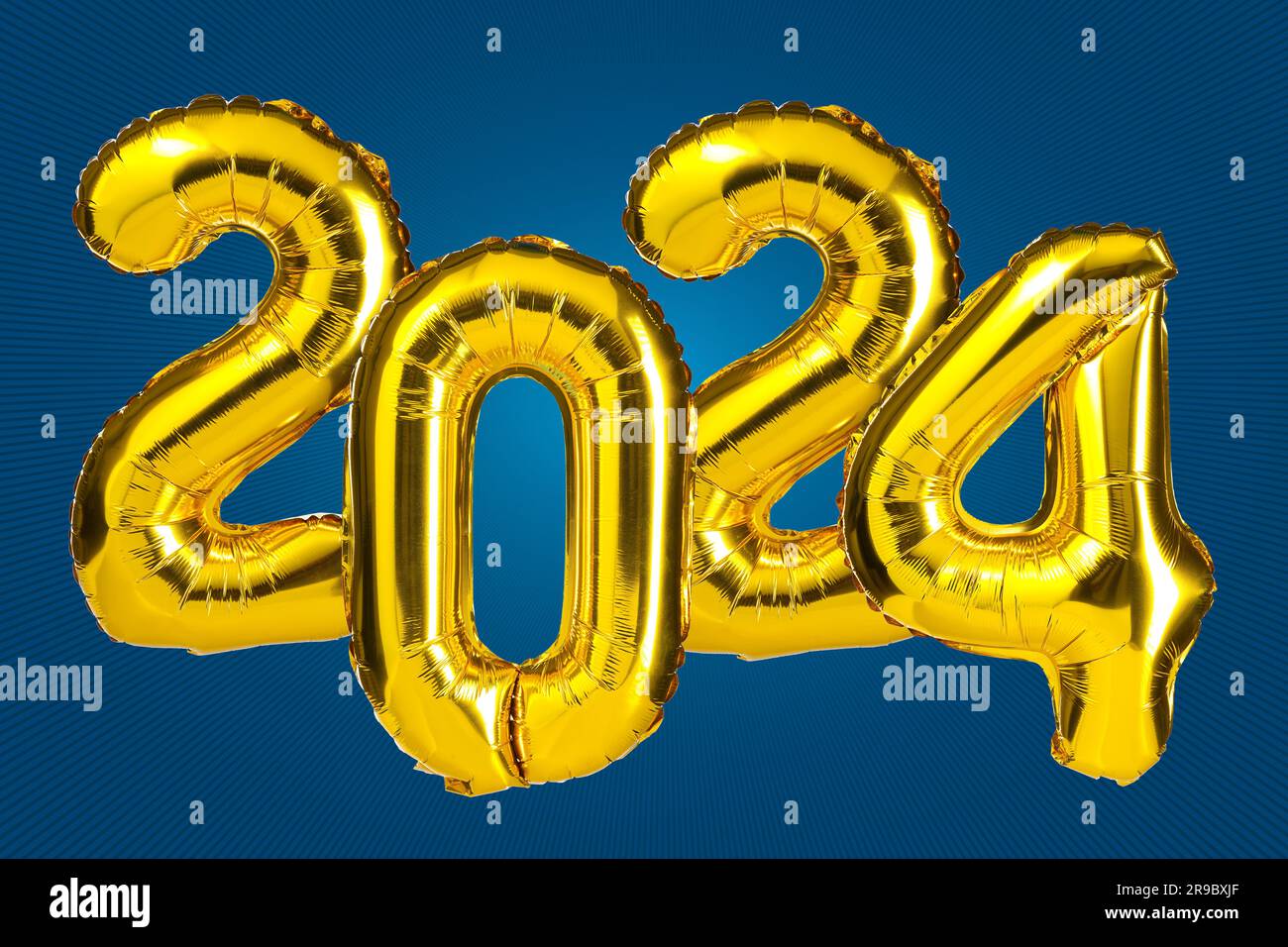 New Year 2024 celebration. Golden Yellow foil color balloons. 2024