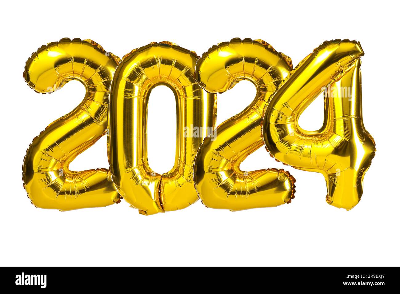 New Year 2024 celebration. Golden Yellow foil color balloons. 2024