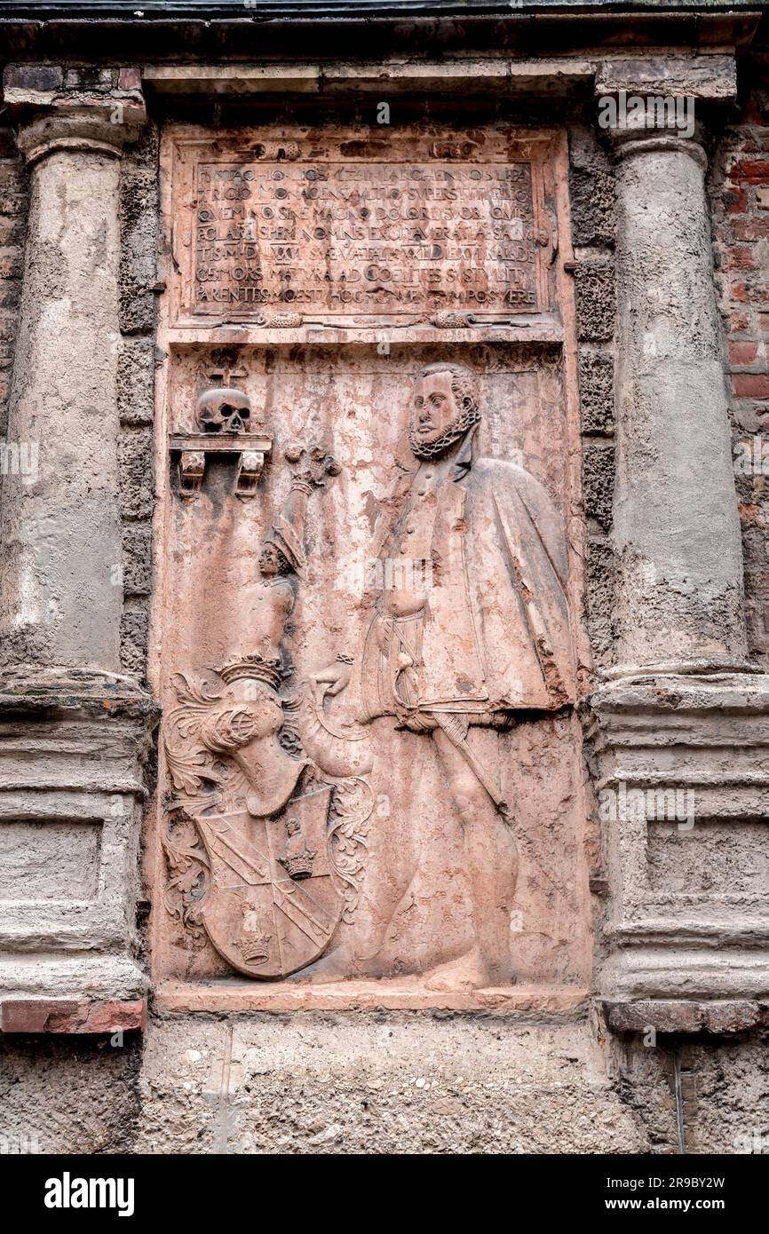 Medieval stone script and carvings on the exterior of Frauenkirche in Munich, Germany Stock Photo