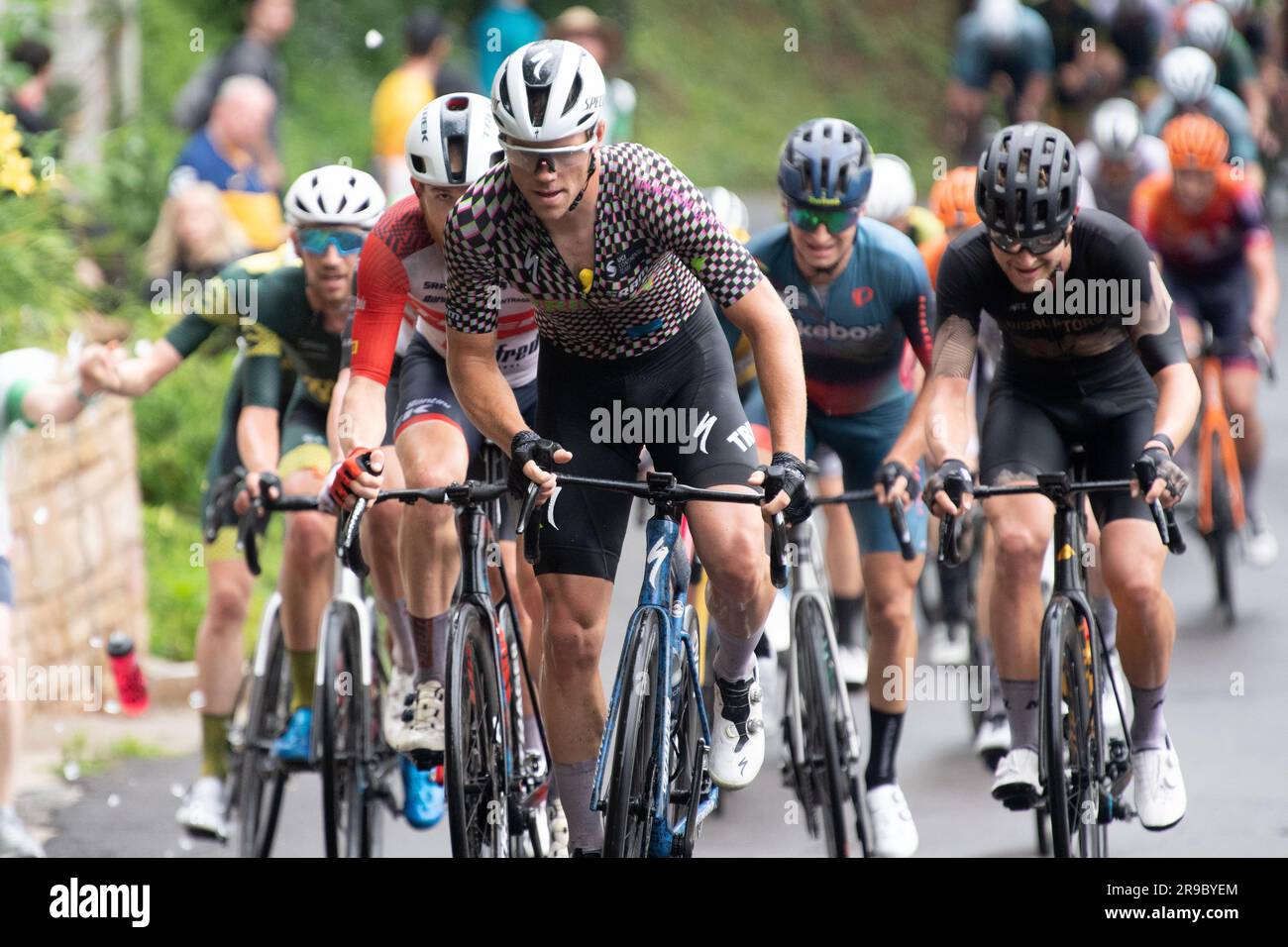 USA Cycling's Road Race National Championships, Knoxville, Tennessee, USA. 25th June, 2023. Luke Lamperti of Trinity Racing leads on the climb. Credit: Casey B. Gibson/Alamy Live News Stock Photo