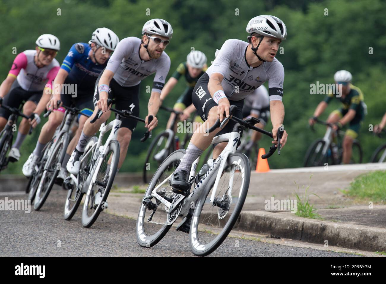 USA Cycling's Road Race National Championships, Knoxville, Tennessee, USA. 25th June, 2023. Rob Carpenter and Kyle Murphy of the L39ion cycling team in a corner. Credit: Casey B. Gibson/Alamy Live News Stock Photo
