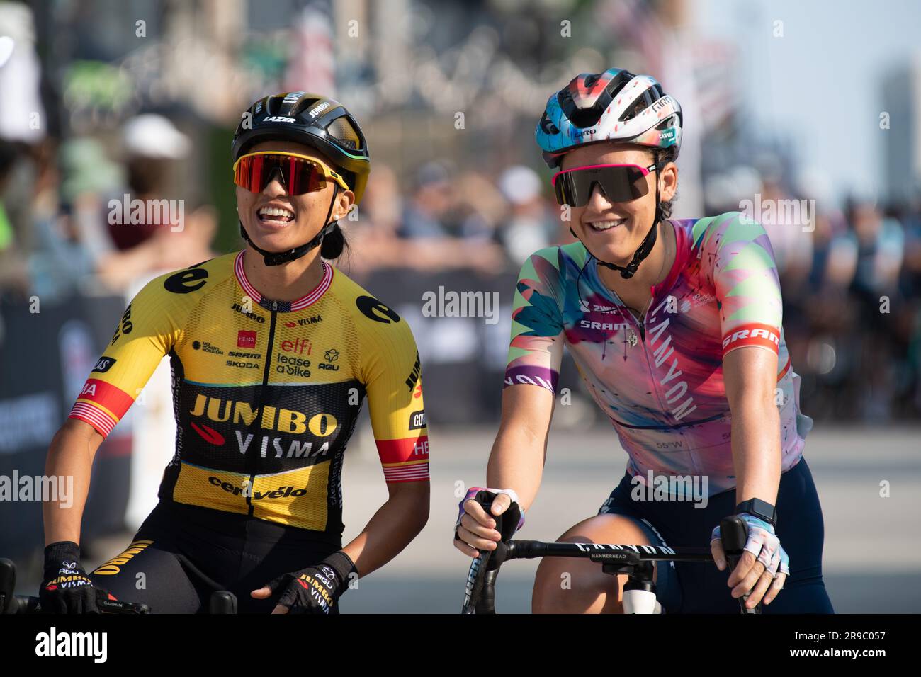 USA Cycling's Road Race National Championships, Knoxville, Tennessee, USA. 25th June, 2023. Coryn Labecki of Team Jumbo Visma and Chloe Dygert of Canyon/Sram racing at the start line. Credit: Casey B. Gibson/Alamy Live News Stock Photo