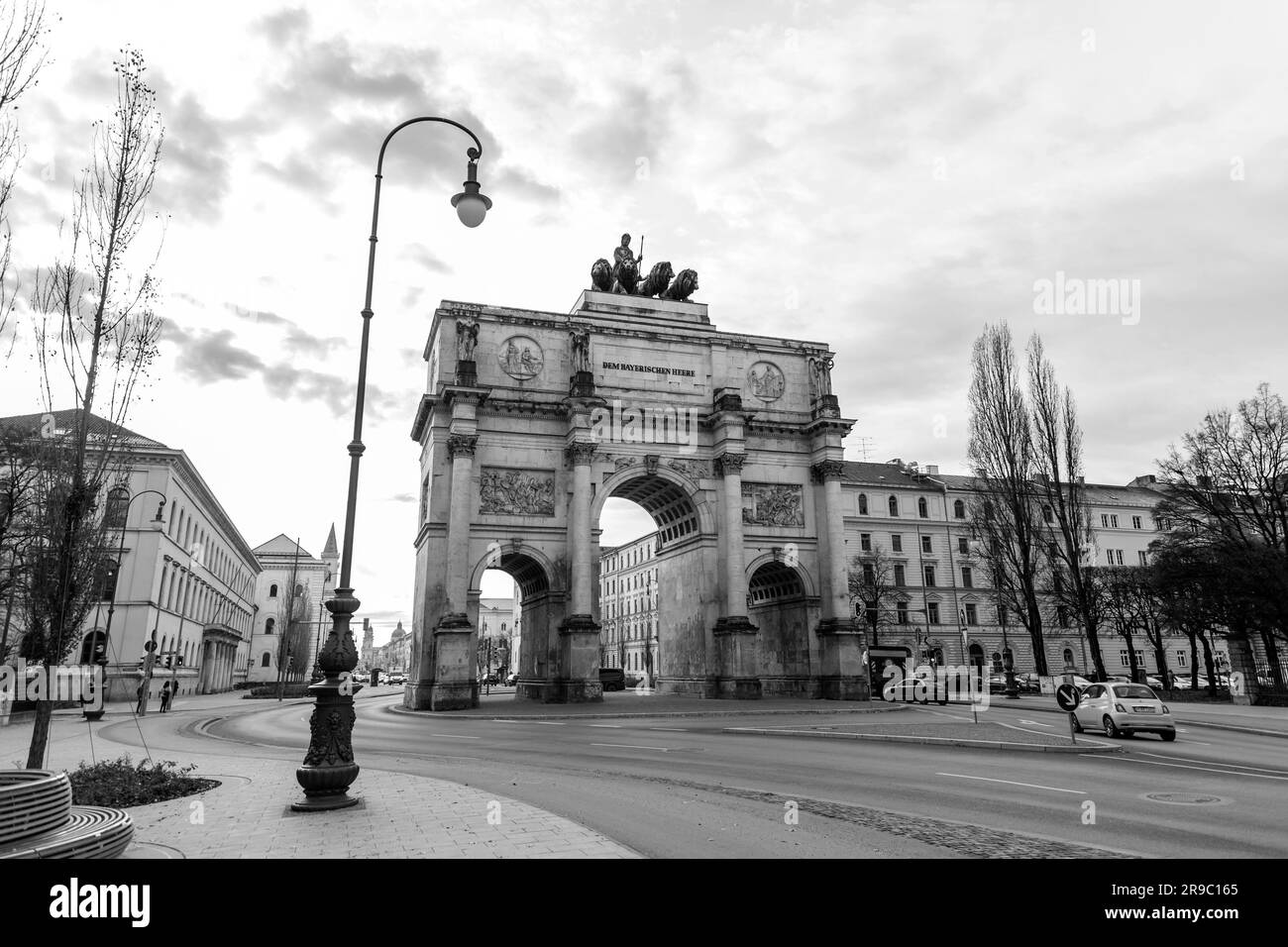 Munich, Germany - December 23, 2021: The Siegestor, The Victory Gate in Munich is a three arched memorial arch, crowned with a statue of Bavaria with Stock Photo