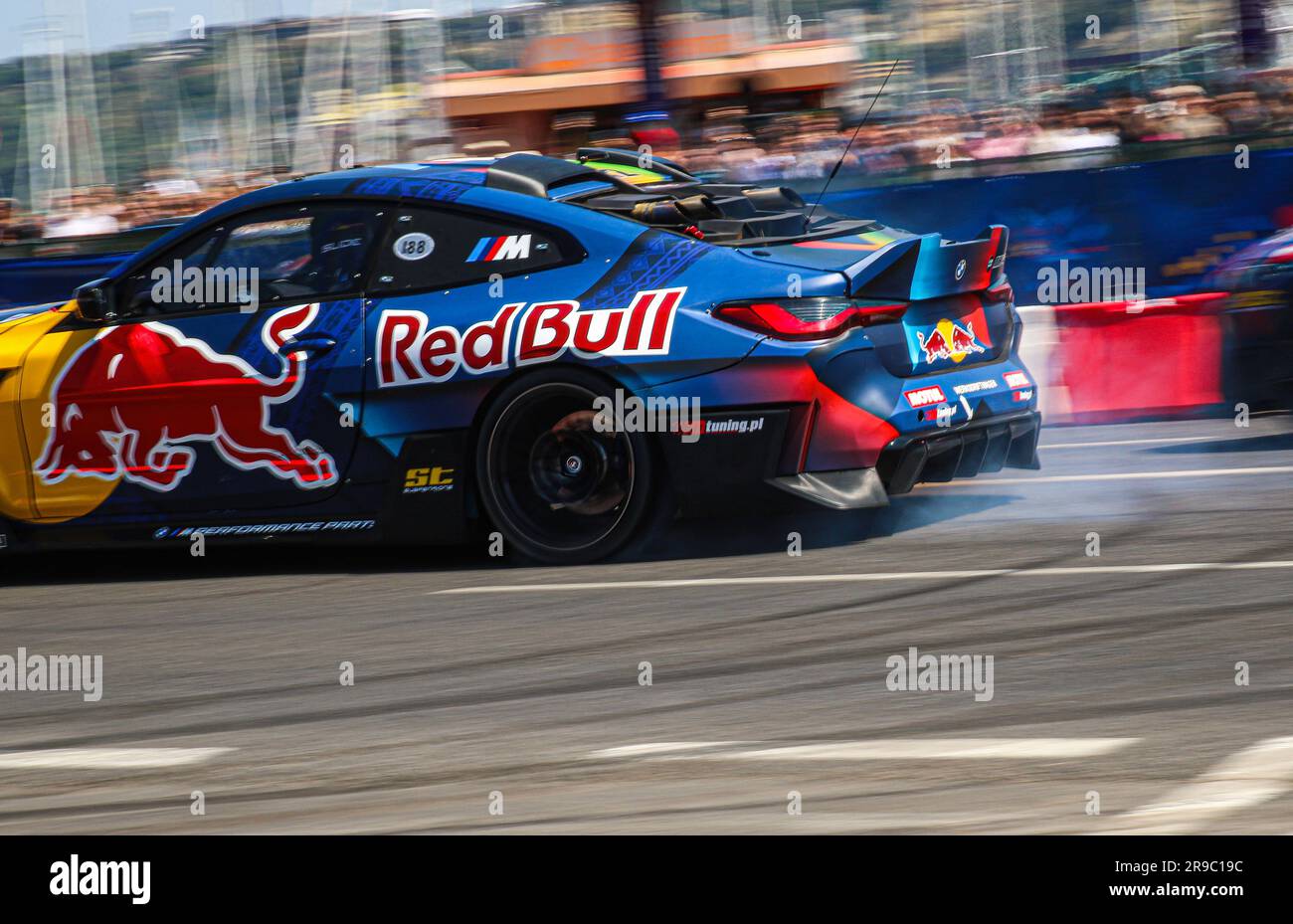 Lisbon, Portugal. 25th June, 2023. Elias Hountondji with the modified for drift Bmw M4 racing car at a Red Bull Showrun in Lisbon. (Photo by Miguel Reis/SOPA Images/Sipa USA) Credit: Sipa USA/Alamy Live News Stock Photo