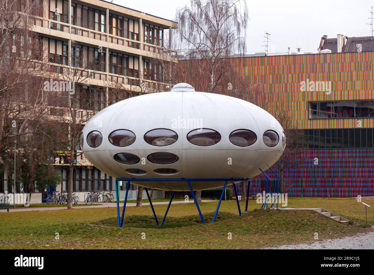 Munich, Germany - DEC 23, 2021: A prototype of a Futuro house from 1968 can be found in Munich next to the Pinakothek der Moderne. UFO shaped futurist Stock Photo