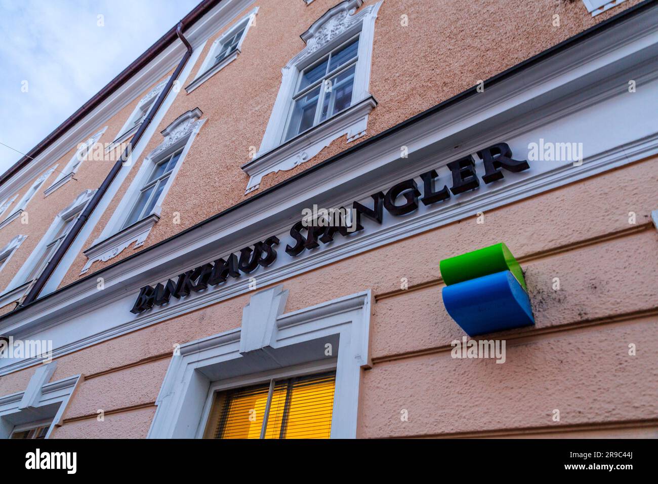 Salzburg, Austria - December 27, 2021: Logo at the entrance of Bankhaus Spangler, the oldest private bank in Austria founded in the state capital of S Stock Photo