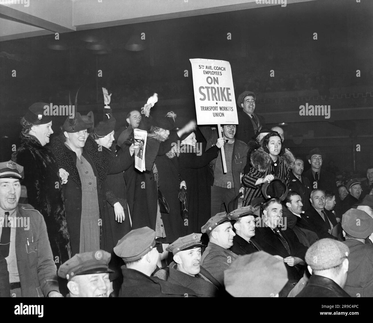 New York, New York:   1937 Fifth Avenue coach employees of the Transit Workers Union at a bus strike union meeting. Stock Photo