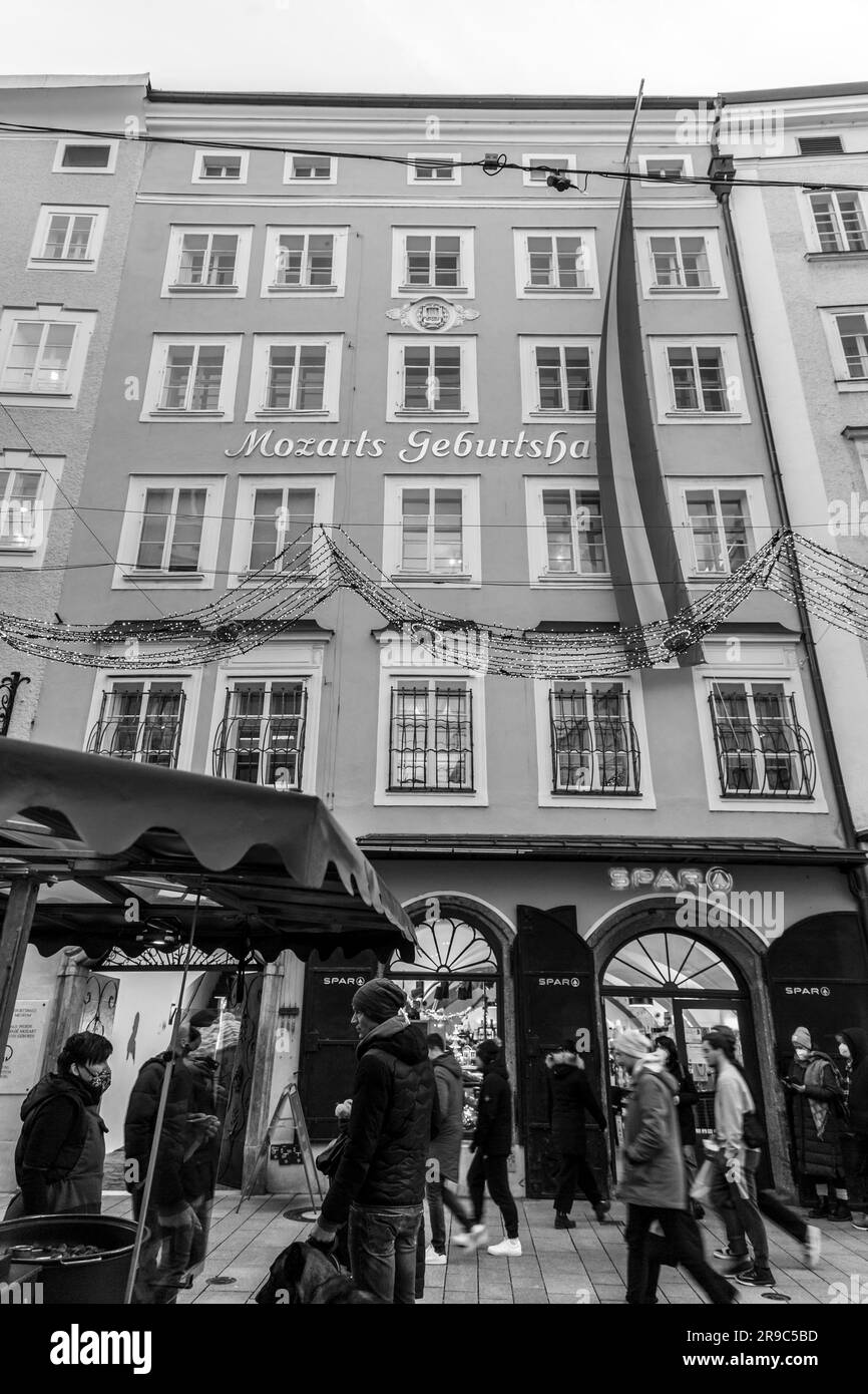 Salzburg, Austria - December 27, 2021: Exterior view of the birthplace of the famous Austrian composer Mozart in the old town Salzburg, Austria. Stock Photo