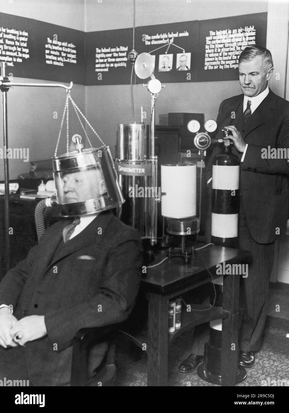 Washington, D.C.:  December 17, 1929 Scientists at the  Carnegie Institute measuring the amount of heat produced by the human body. Stock Photo