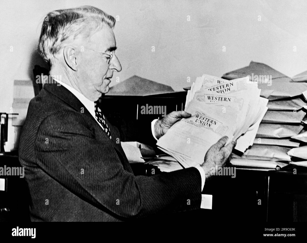 Washington, D.C.:   March 28, 1938 Senator Royal Copeland of New York has received 30,000 telegrams against the reorganization bill now in the Senate. Stock Photo