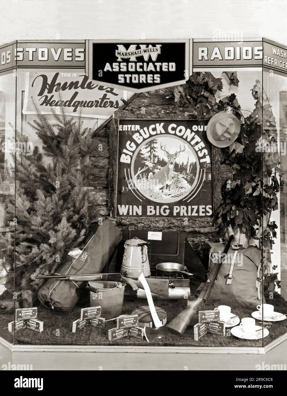 Oregon c. 1937 A "Big Buck Contest" hunting display window at a