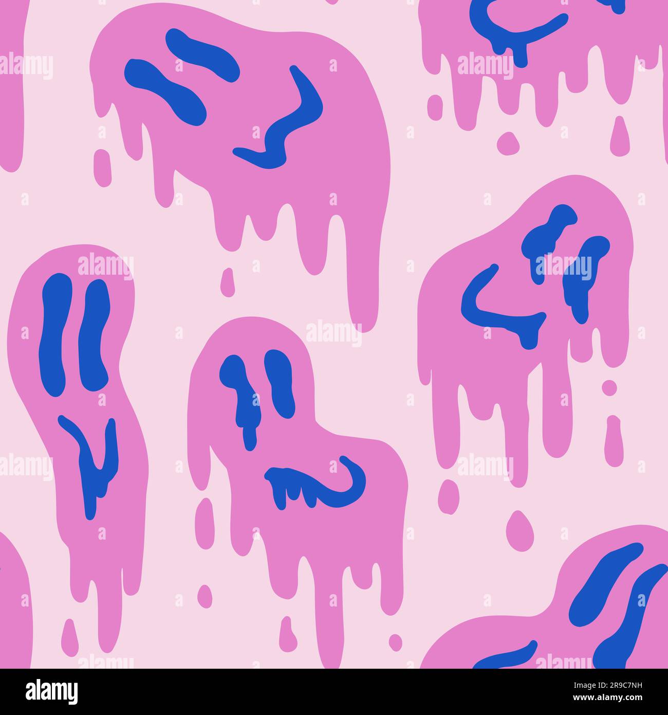 1970 Fluid Smile Pattern on Pink and Blue Color. Seventies Style, Trippy Psychedelic Print, Wallpaper. Flat Design, Hippie Aesthetic. Hand-Drawn Vector Illustration. Stock Vector