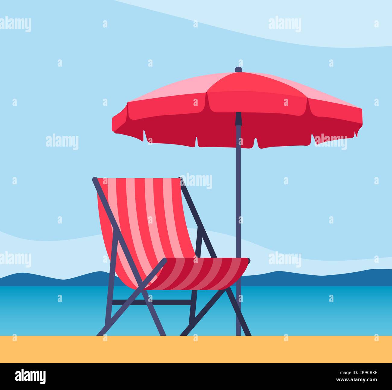 Beach umbrella and Sun lounger. Sunbed with parasol at sand beach