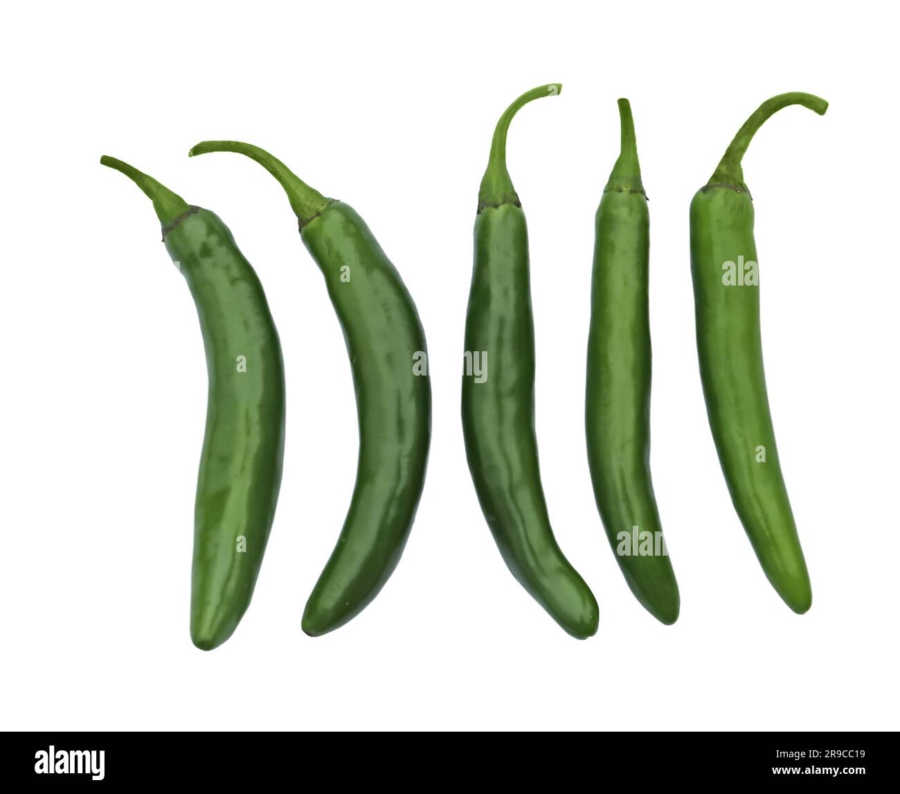 Green hot chili peppers on white background, top view Stock Photo - Alamy